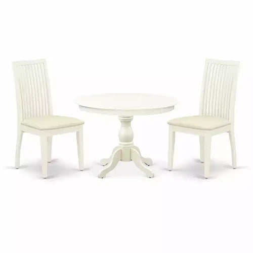 3-Piece Linen White Finish Solid Wood Top - Round Dining Room Set - Seats 4
