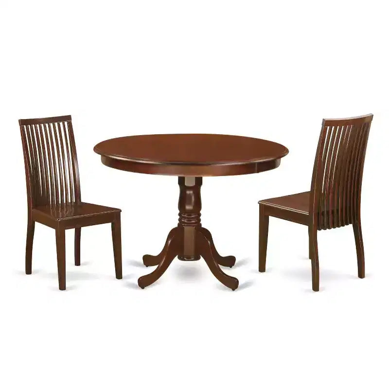 Retro Dinette Set - 3 Piece Table & Chair Set - Round Table - Wood Seat - Mahogany Finish
