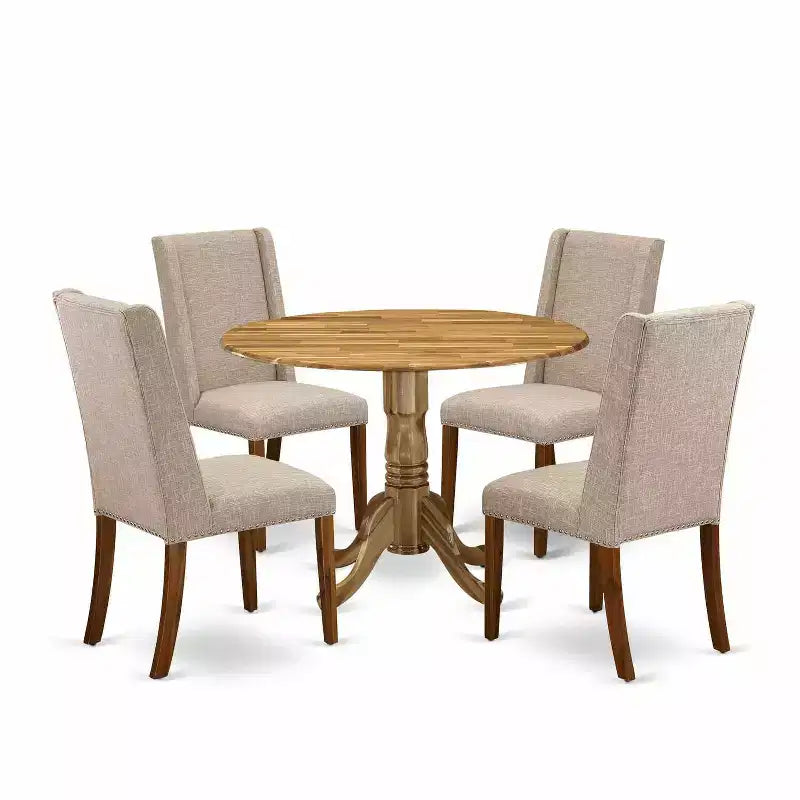 HomeStock 5-Piece Round Natural Oak Finish Solid Wood Top Dining Table with 4 Parson Chair