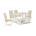 HomeStock 6-Pc Rectangle Natural Oak Finish Solid Wood Top Dining Table with 1-Bench, 4-Chairs