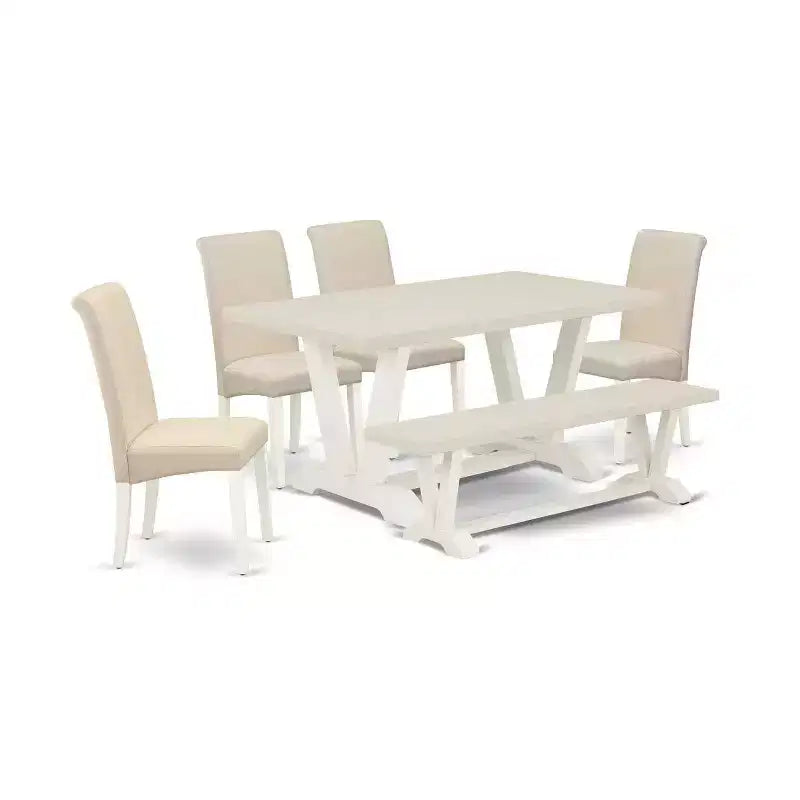 HomeStock 6-Pc Rectangle Natural Oak Finish Solid Wood Top Dining Table with 1-Bench, 4-Chairs