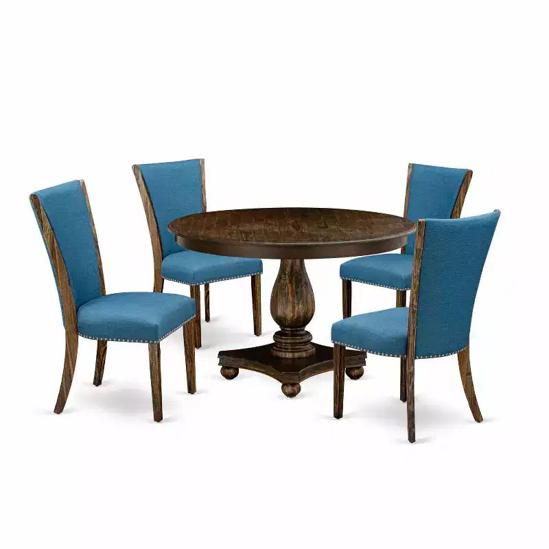 HomeStock 5-Piece Distressed Jacobean Finish Solid Wood Top Dining Table with 4 Parson Chair