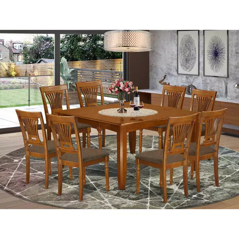 Table à manger 9 pièces HomeStock en bois massif finition marron selle avec 8 chaises