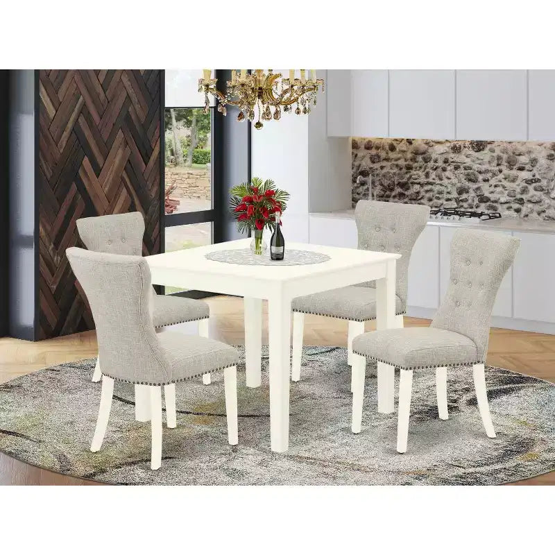 Ensemble de salle à manger 5 pièces, plateau en bois massif au fini blanc lin, avec chaises à dossier haut - 4 places