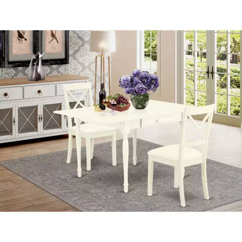 Ensemble de salle à manger 3 pièces HomeStock avec plateau en bois massif finition blanc lin et table à rabats
