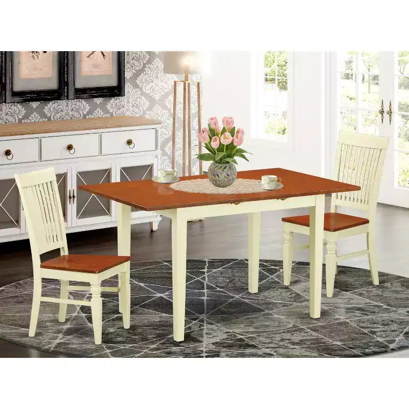 Ensemble de table à manger HomeStock 3 pièces, dessus en bois massif, finition crème et cerisier