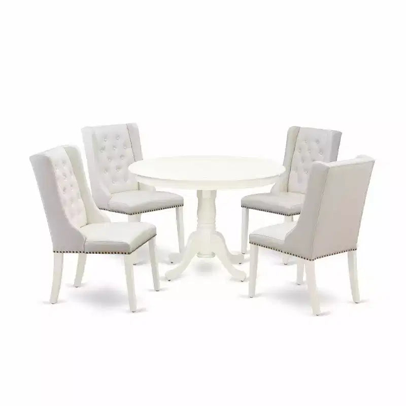 HomeStock 5-Piece Linen White Finish Solid Wood Top Dining table with 4 Chairs