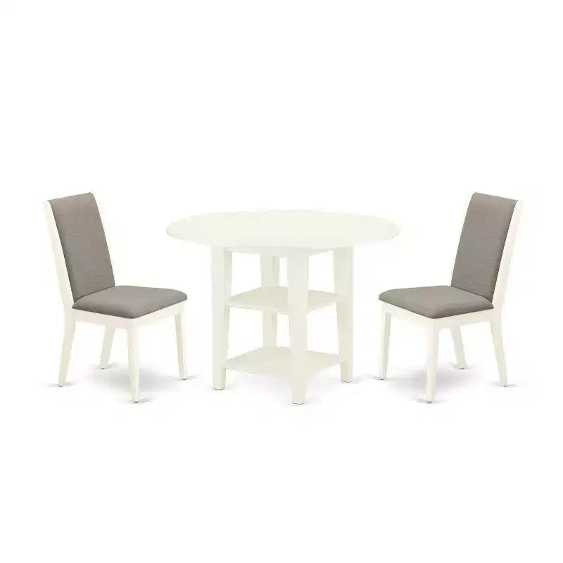 HomeStock 3-Pc Linen White Finish Round Solid Wood Top Dining Table Set