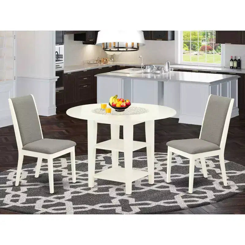 Ensemble de salle à manger 3 pièces HomeStock avec table ronde plateau bois massif finition blanc lin
