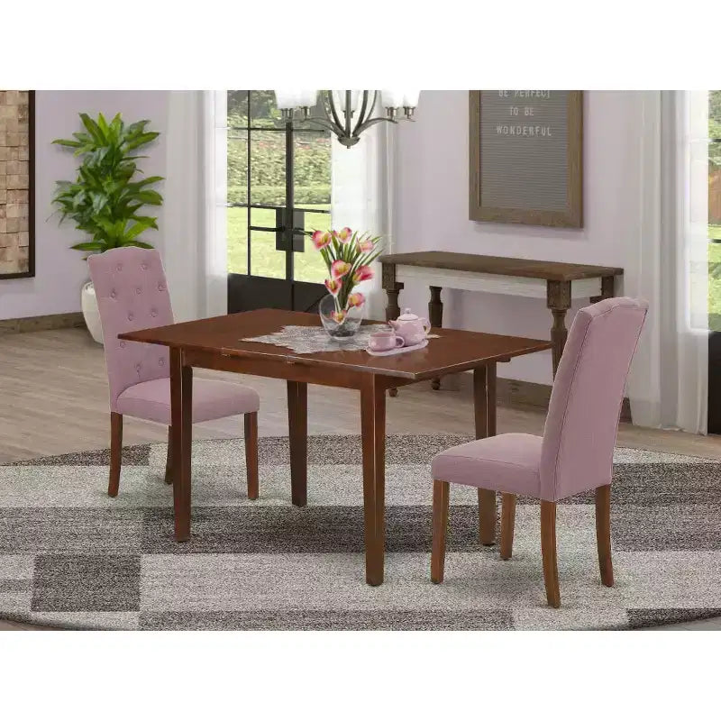 Ensemble de salle à manger 3 pièces HomeStock avec plateau rectangulaire en bois massif finition acajou et rallonge papillon