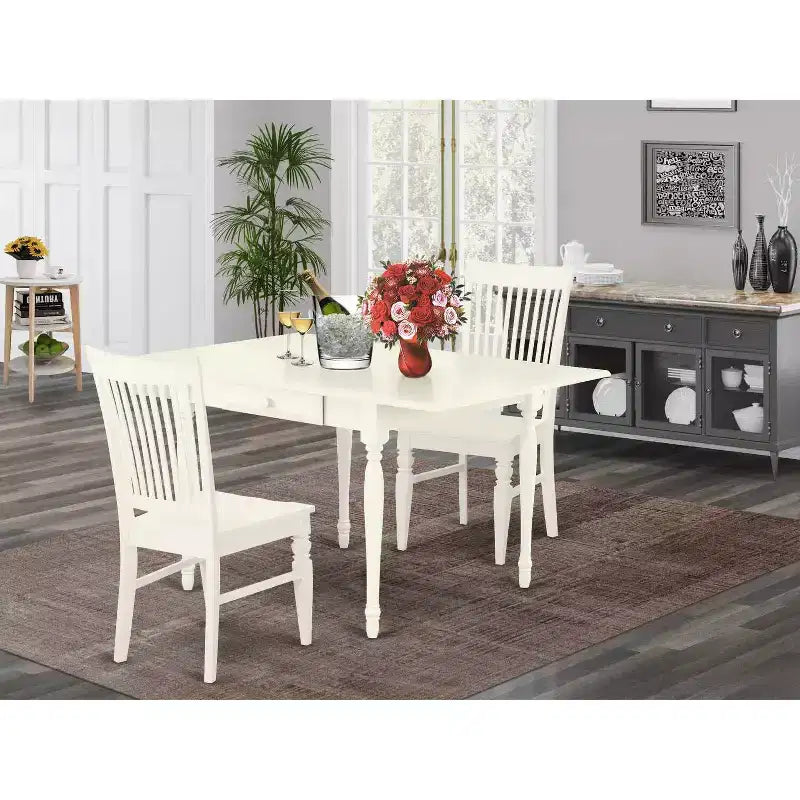 Ensemble de salle à manger 3 pièces HomeStock, dessus en bois massif finition blanc lin, avec table à rallonges