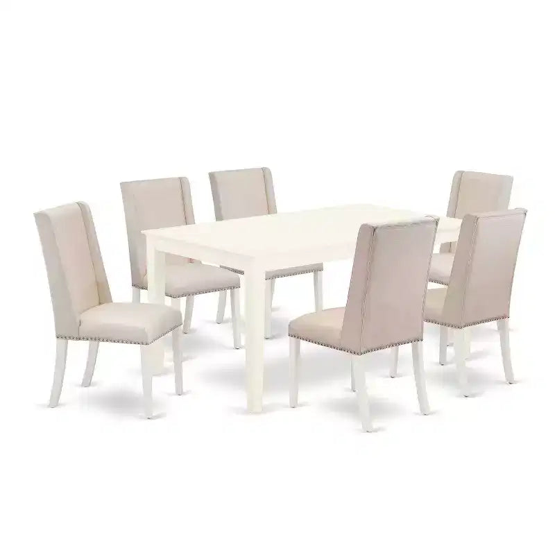 Modern 7-Piece Dining Set - 6 Linen White Chairs & Small Table - Hardwood Structure