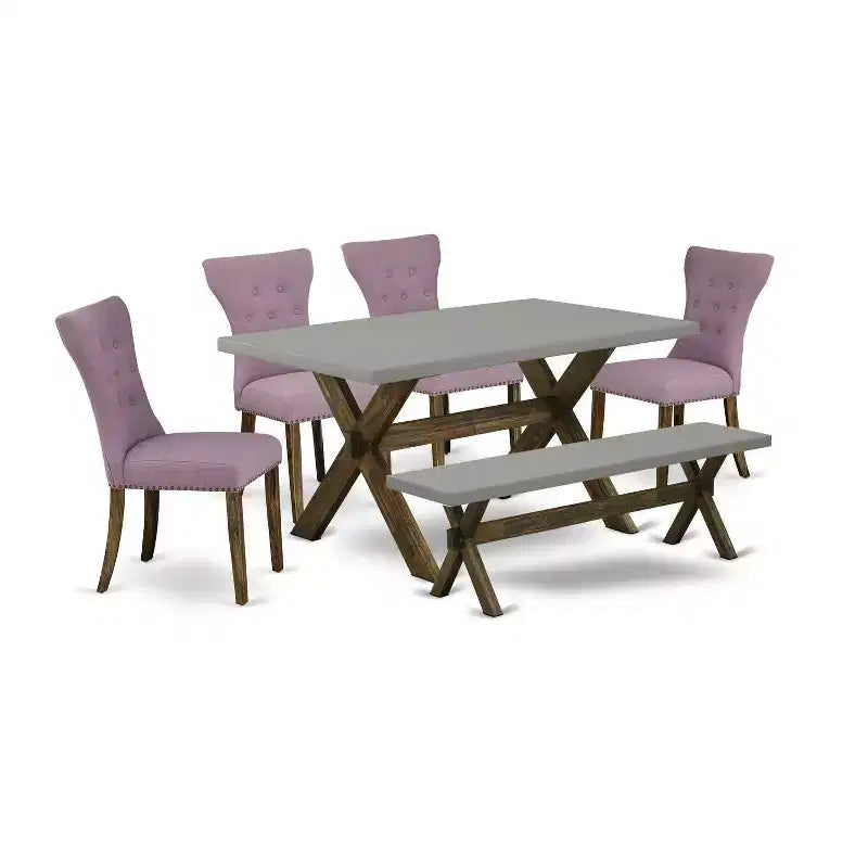 HomeStock 6-Pc Rectangle Distressed Jacobean Finish Solid Wood Top Dining Table with 1-Bench, 4-Chairs