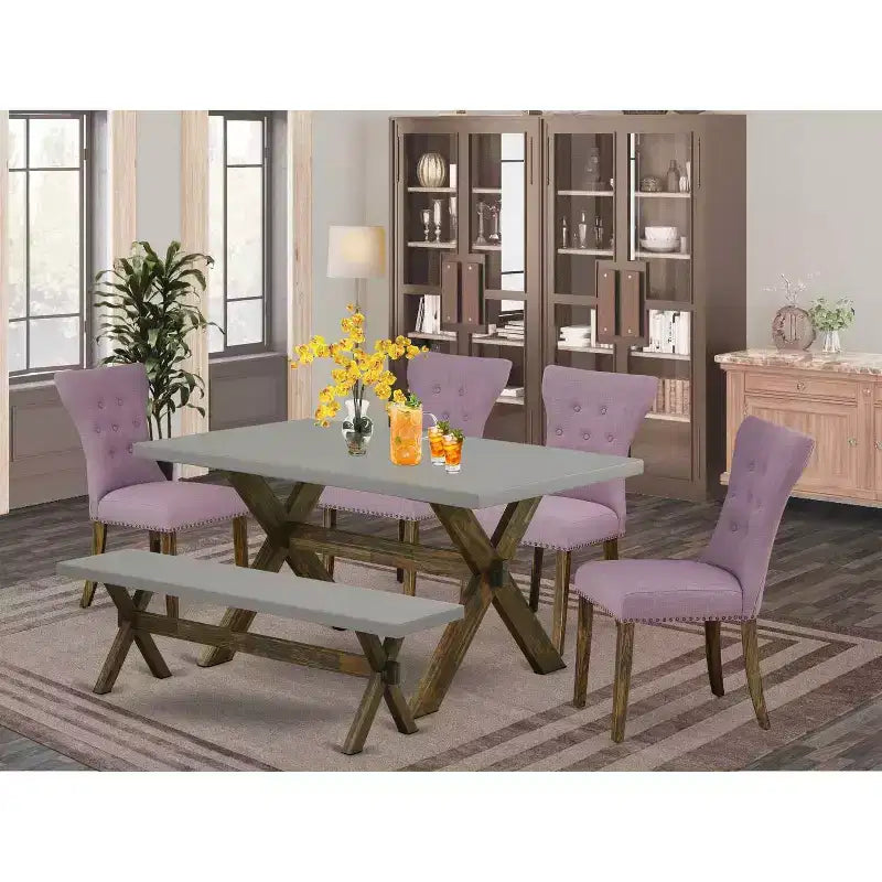HomeStock Table à manger 6 pièces rectangulaire en bois massif finition jacobine vieillie avec 1 banc et 4 chaises