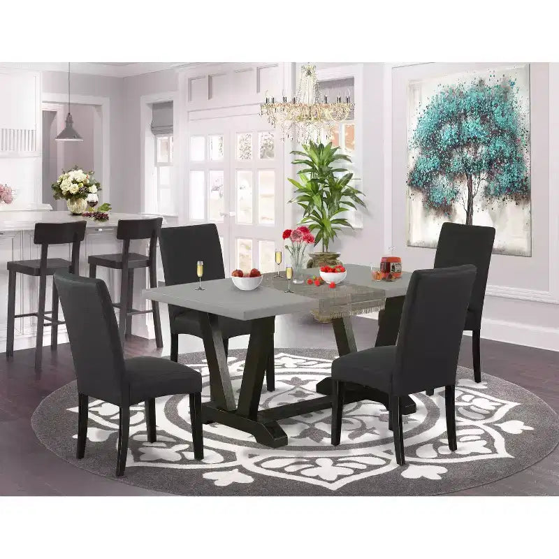 Table à manger 5 pièces rectangulaire avec plateau en bois massif finition chêne naturel et 4 chaises Parsons avec