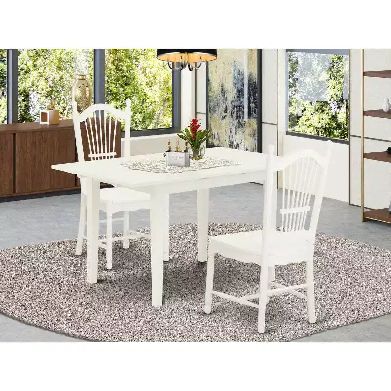 Ensemble de salle à manger 3 pièces HomeStock avec plateau rectangulaire en bois massif, finition blanc lin et rallonge papillon
