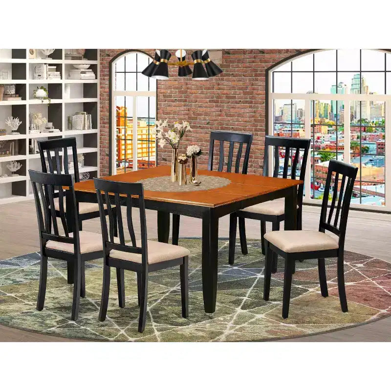 Table de salle à manger HomeStock 7 pièces avec plateau carré en bois massif finition noir et cerisier et 6 chaises