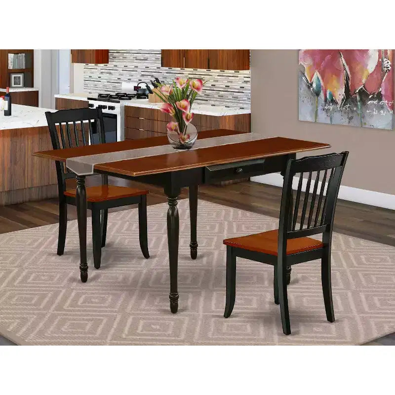 Ensemble de salle à manger 3 pièces HomeStock avec plateau en bois massif noir et merisier et table à rabats