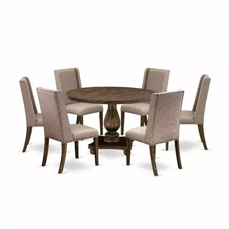 HomeStock 7-Piece Distressed Jacobean Finish Solid Wood Top Dining Table with 6-Chairs