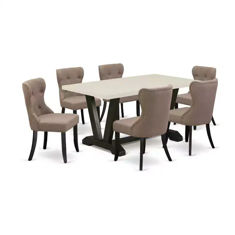 HomeStock 7-Pc Rectangle Natural Oak Finish Solid Wood Top Dining Table with 6 Chairs