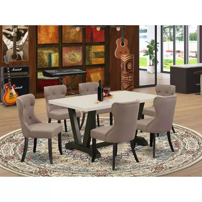 HomeStock Ensemble de 7 pièces Table à manger rectangulaire en bois massif finition chêne naturel avec 6 chaises