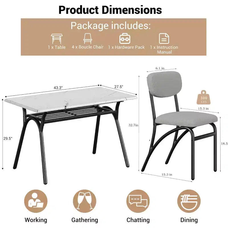 Ensemble table à manger et 4 chaises, Table de cuisine avec 4 chaises bouclées, Table à manger rectangulaire moderne avec étagère de rangement pour petits espaces