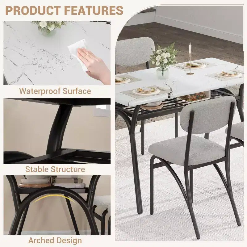 Ensemble table à manger et 4 chaises, Table de cuisine avec 4 chaises bouclées, Table à manger rectangulaire moderne avec étagère de rangement pour petits espaces