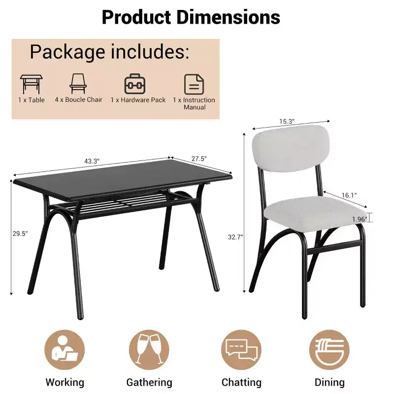 Ensemble table à manger et 4 chaises, Table de cuisine avec 4 chaises bouclées, Table à manger rectangulaire moderne avec étagère de rangement pour petits espaces
