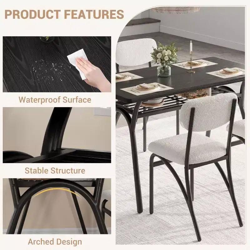 Ensemble table à manger et 4 chaises, Table de cuisine avec 4 chaises bouclées, Table à manger rectangulaire moderne avec étagère de rangement pour petits espaces