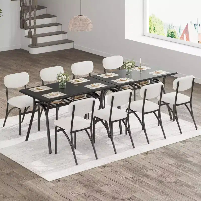 Ensemble table à manger et 4 chaises, Table de cuisine avec 4 chaises bouclées, Table à manger rectangulaire moderne avec étagère de rangement pour petits espaces
