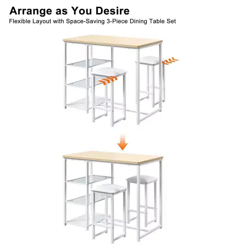 VECELO Ensemble Table et Chaises de Bar de Cuisine pour 2 Personnes, 3 Pièces, Hauteur Comptoir, avec Chaises en Cuir PU et Étagères de Rangement, Marbre Noir/Chêne/Marron