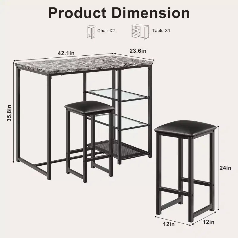 VECELO Ensemble Table et Chaises de Bar de Cuisine pour 2 Personnes, 3 Pièces, Hauteur Comptoir, avec Chaises en Cuir PU et Étagères de Rangement, Marbre Noir/Chêne/Marron