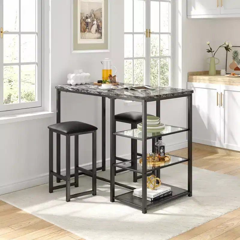 VECELO Ensemble Table et Chaises de Bar de Cuisine pour 2 Personnes, 3 Pièces, Hauteur Comptoir, avec Chaises en Cuir PU et Étagères de Rangement, Marbre Noir/Chêne/Marron