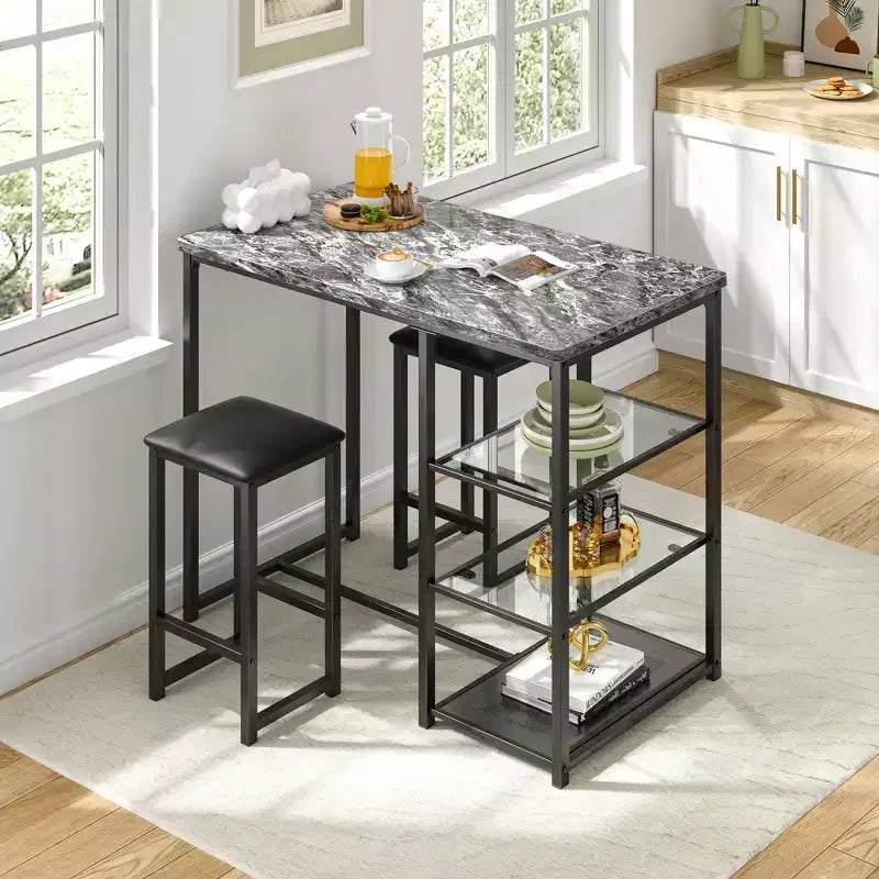 VECELO Ensemble Table et Chaises de Bar de Cuisine pour 2 Personnes, 3 Pièces, Hauteur Comptoir, avec Chaises en Cuir PU et Étagères de Rangement, Marbre Noir/Chêne/Marron