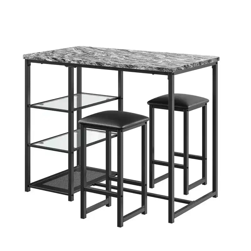 VECELO Ensemble Table et Chaises de Bar de Cuisine pour 2 Personnes, 3 Pièces, Hauteur Comptoir, avec Chaises en Cuir PU et Étagères de Rangement, Marbre Noir/Chêne/Marron