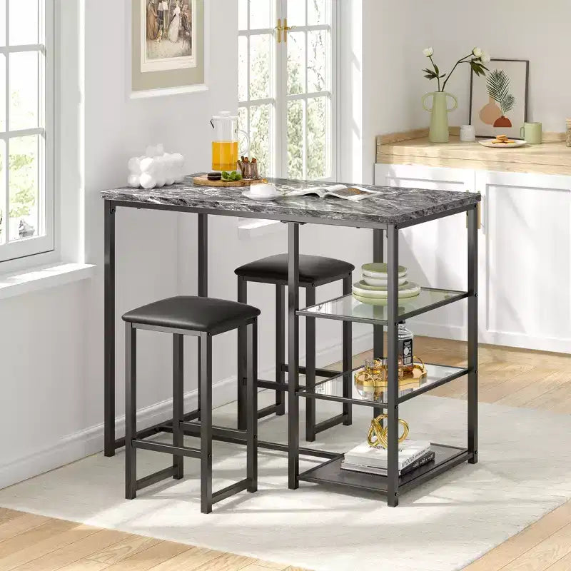 VECELO Ensemble Table et Chaises de Bar de Cuisine pour 2 Personnes, 3 Pièces, Hauteur Comptoir, avec Chaises en Cuir PU et Étagères de Rangement, Marbre Noir/Chêne/Marron