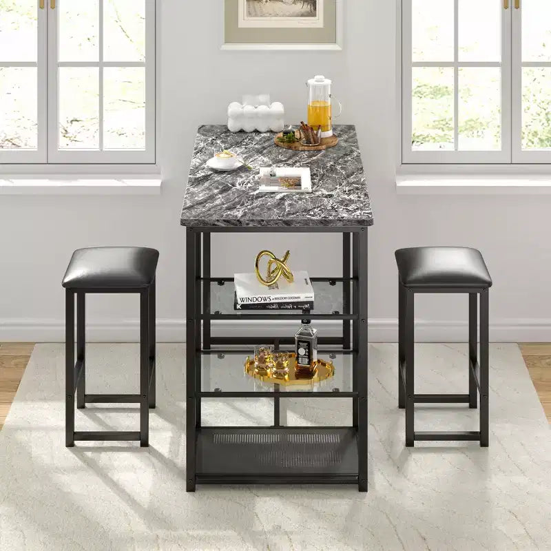 VECELO Ensemble Table et Chaises de Bar de Cuisine pour 2 Personnes, 3 Pièces, Hauteur Comptoir, avec Chaises en Cuir PU et Étagères de Rangement, Marbre Noir/Chêne/Marron