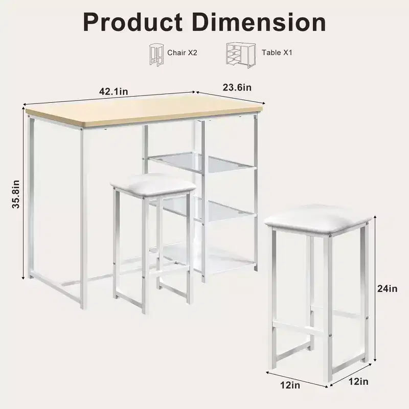 VECELO Ensemble Table et Chaises de Bar de Cuisine pour 2 Personnes, 3 Pièces, Hauteur Comptoir, avec Chaises en Cuir PU et Étagères de Rangement, Marbre Noir/Chêne/Marron