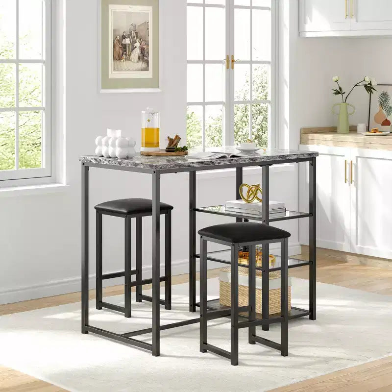 VECELO Ensemble Table et Chaises de Bar de Cuisine pour 2 Personnes, 3 Pièces, Hauteur Comptoir, avec Chaises en Cuir PU et Étagères de Rangement, Marbre Noir/Chêne/Marron