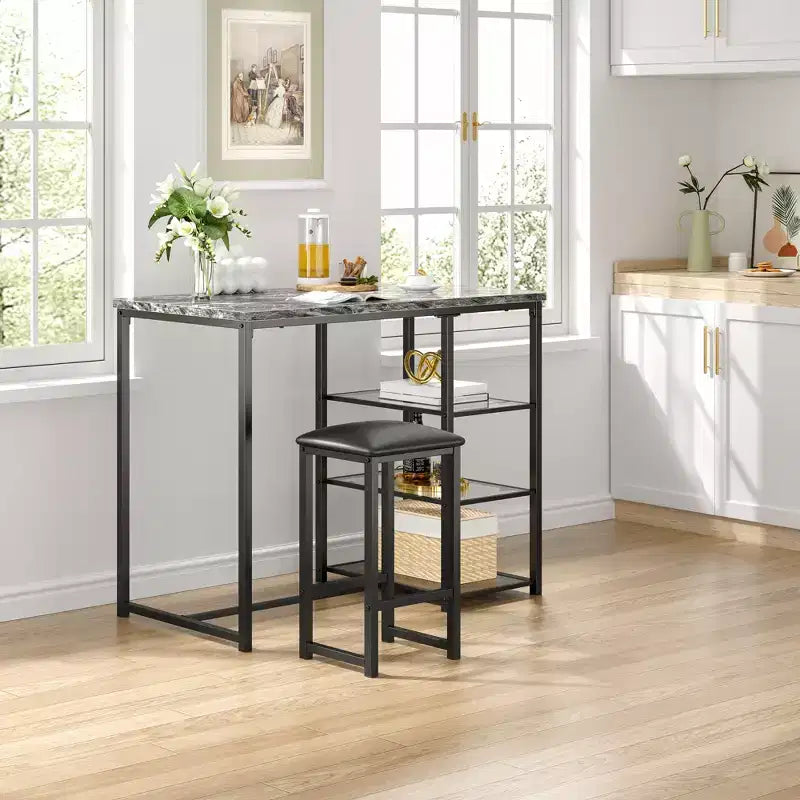 VECELO Ensemble Table et Chaises de Bar de Cuisine pour 2 Personnes, 3 Pièces, Hauteur Comptoir, avec Chaises en Cuir PU et Étagères de Rangement, Marbre Noir/Chêne/Marron