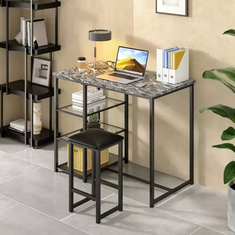 VECELO Ensemble Table et Chaises de Bar de Cuisine pour 2 Personnes, 3 Pièces, Hauteur Comptoir, avec Chaises en Cuir PU et Étagères de Rangement, Marbre Noir/Chêne/Marron