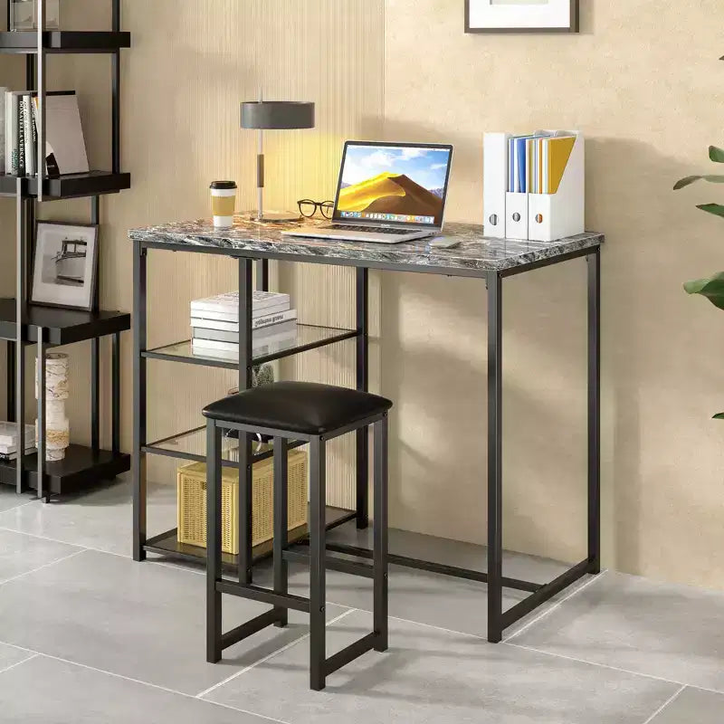 VECELO Ensemble Table et Chaises de Bar de Cuisine pour 2 Personnes, 3 Pièces, Hauteur Comptoir, avec Chaises en Cuir PU et Étagères de Rangement, Marbre Noir/Chêne/Marron