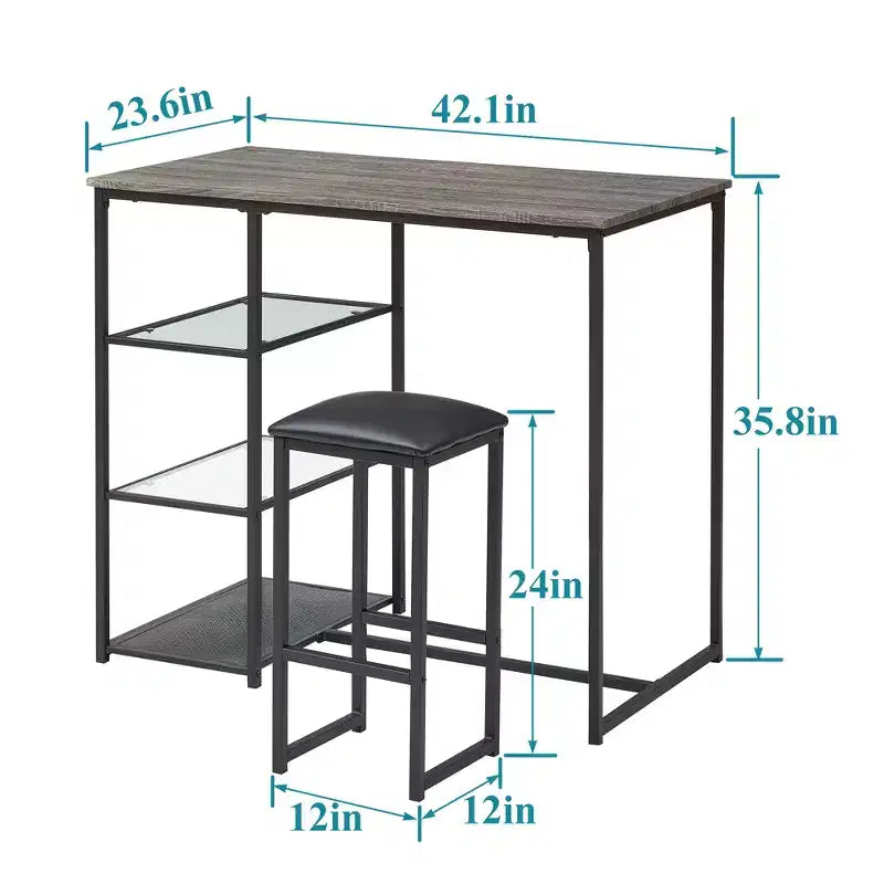 VECELO Ensemble Table et Chaises de Bar de Cuisine pour 2 Personnes, 3 Pièces, Hauteur Comptoir, avec Chaises en Cuir PU et Étagères de Rangement, Marbre Noir/Chêne/Marron