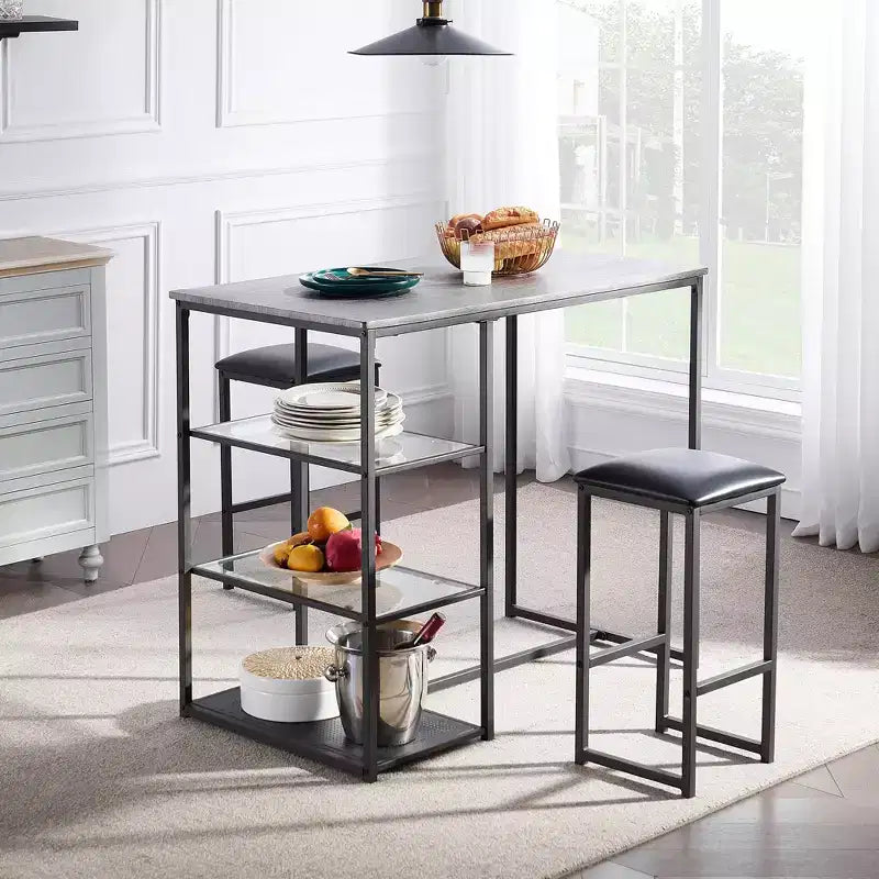 VECELO Ensemble Table et Chaises de Bar de Cuisine pour 2 Personnes, 3 Pièces, Hauteur Comptoir, avec Chaises en Cuir PU et Étagères de Rangement, Marbre Noir/Chêne/Marron