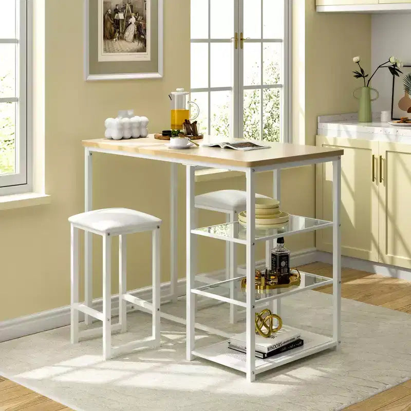 VECELO Ensemble Table et Chaises de Bar de Cuisine pour 2 Personnes, 3 Pièces, Hauteur Comptoir, avec Chaises en Cuir PU et Étagères de Rangement, Marbre Noir/Chêne/Marron