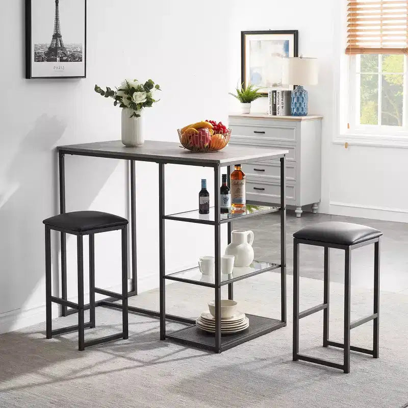 VECELO Ensemble Table et Chaises de Bar de Cuisine pour 2 Personnes, 3 Pièces, Hauteur Comptoir, avec Chaises en Cuir PU et Étagères de Rangement, Marbre Noir/Chêne/Marron