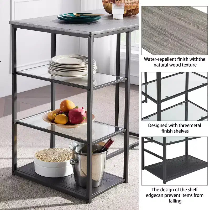 VECELO Ensemble Table et Chaises de Bar de Cuisine pour 2 Personnes, 3 Pièces, Hauteur Comptoir, avec Chaises en Cuir PU et Étagères de Rangement, Marbre Noir/Chêne/Marron