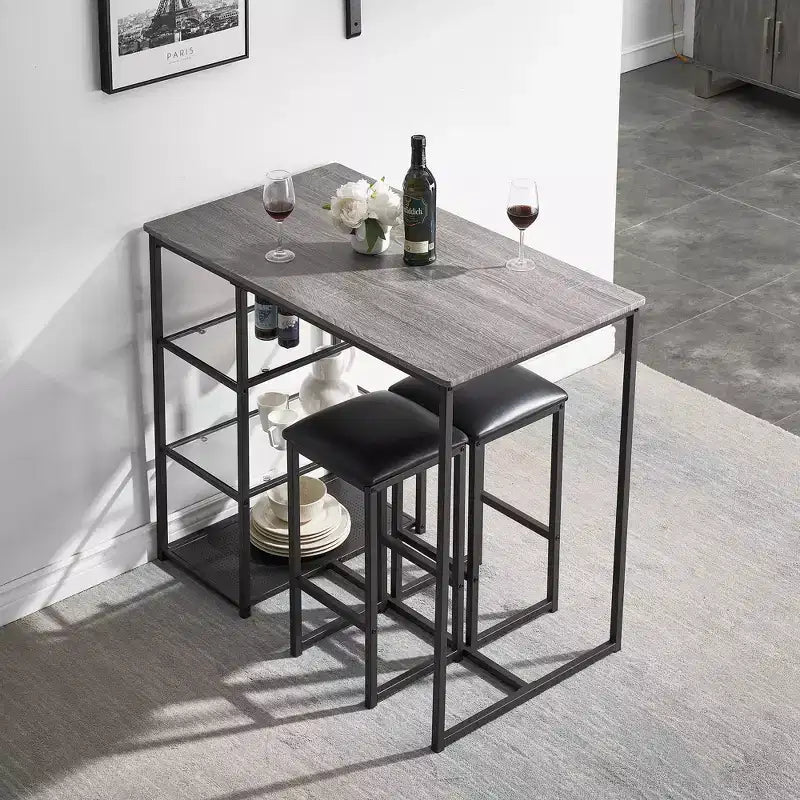 VECELO Ensemble Table et Chaises de Bar de Cuisine pour 2 Personnes, 3 Pièces, Hauteur Comptoir, avec Chaises en Cuir PU et Étagères de Rangement, Marbre Noir/Chêne/Marron