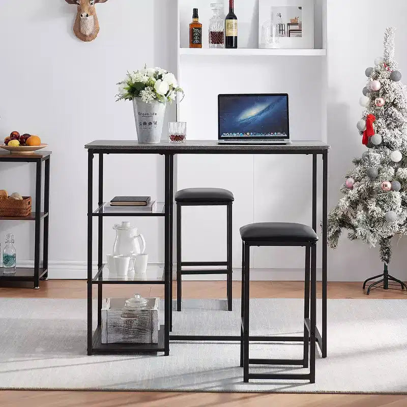 VECELO Ensemble Table et Chaises de Bar de Cuisine pour 2 Personnes, 3 Pièces, Hauteur Comptoir, avec Chaises en Cuir PU et Étagères de Rangement, Marbre Noir/Chêne/Marron