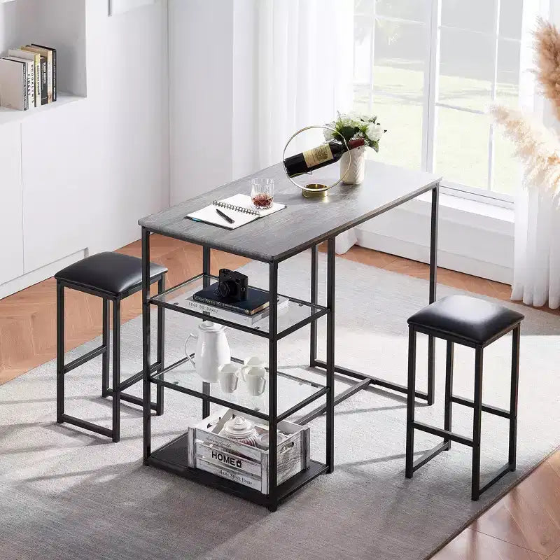 VECELO Ensemble Table et Chaises de Bar de Cuisine pour 2 Personnes, 3 Pièces, Hauteur Comptoir, avec Chaises en Cuir PU et Étagères de Rangement, Marbre Noir/Chêne/Marron